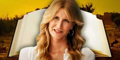 Laura Dern as Katherine looking bemused in Lonely Planet with book imagery behind her