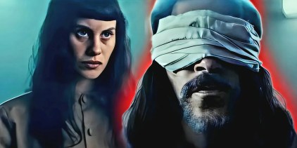 Milena Smit as Perempuan and Óscar Jaenada as Dagin Babi in The Platform 2