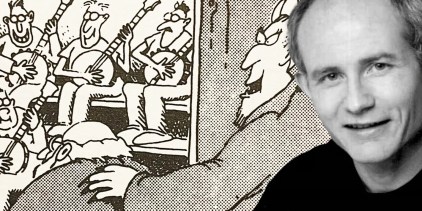 Far Side, the Devil shows a man into a room full of banjo players (left, background) and Gary Larson (right, foreground)