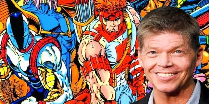 The original Youngblood superteam (background) and creator Rob Liefeld (foreground.)