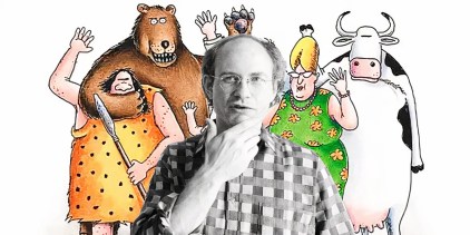 Gary Larson (black and white, foreground) with the Far Side cast in color behind him