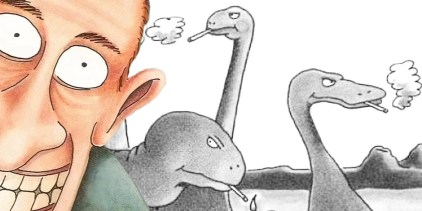 Far Side wide-eyed man (left, color) and Larson’s