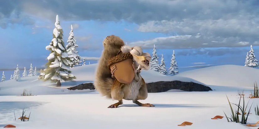 Scrat happily holding an acorn in the YouTube Ice Age short The End.