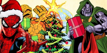 Spider-Man in a Santa hat &amp; Doctor Doom holding a present (foreground) with the Thing &amp; an Xmas tree in the background.