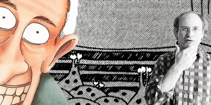 Far Side wide-eyed man (left) and Gary Larson (right), with slugs worshiping a salt shaker in the background.