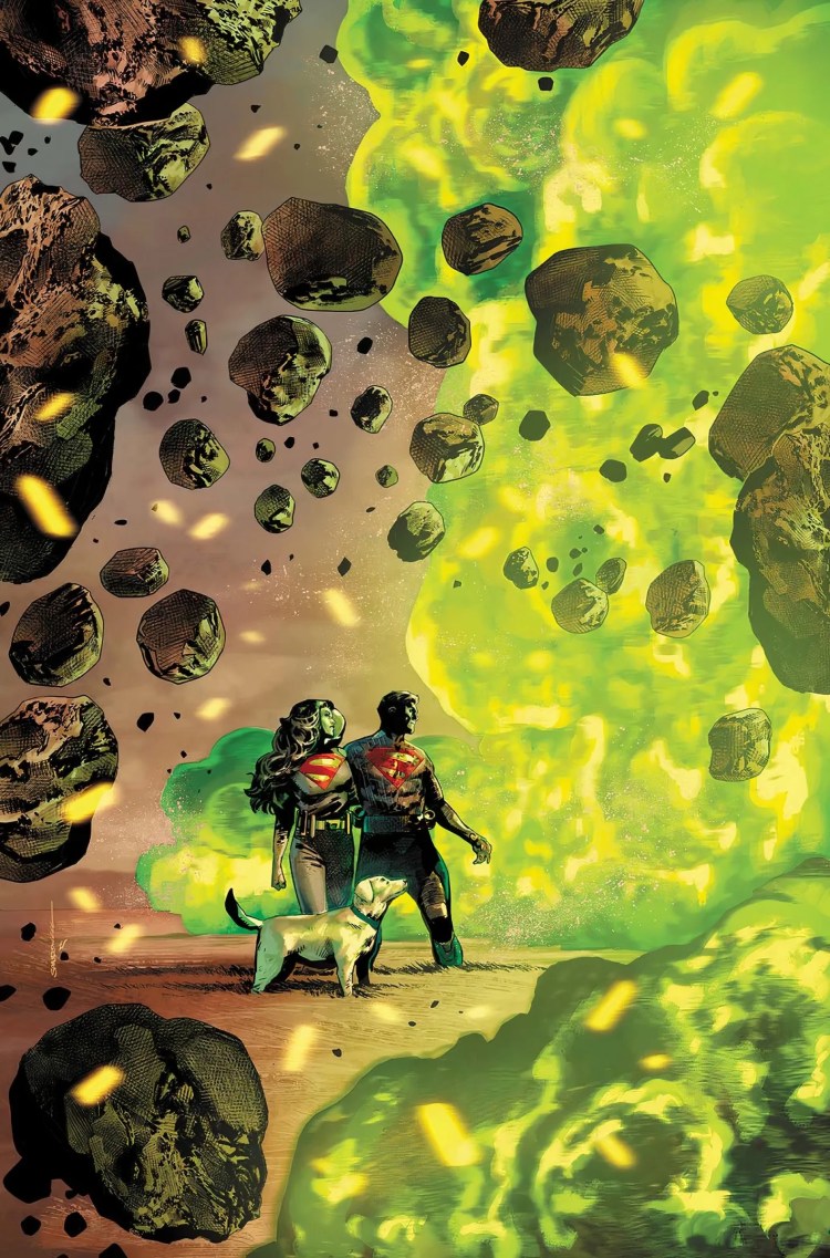 Rafa Sandoval’s art for the cover for Absolute Superman #3 with Lara-El, Jor-El, and Krypto in Kryptonian destruction