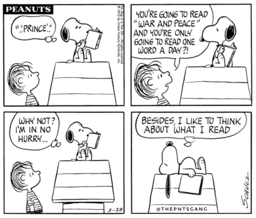 Peanuts strip: Snoopy and Linus talking about War and Peace.