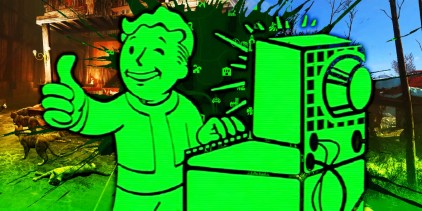 Fallout 4&rsquo;s Vault Boy using a computer with the game&rsquo;s map in the background.