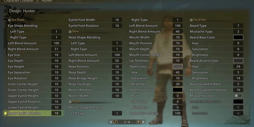 Monster  Hunter Wilds Character Creator Specifications Menu
