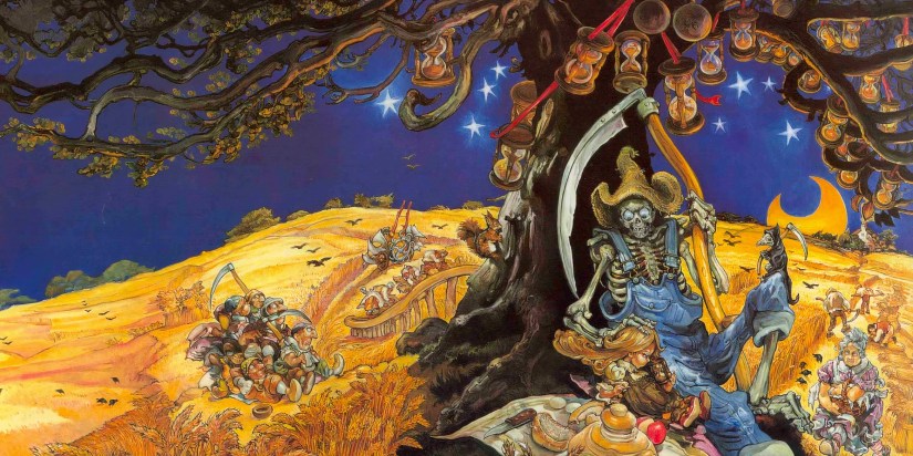 Discworld’s Death in overalls reclines beneath a tree bearing hourglasses as he has a picnic with a little girl