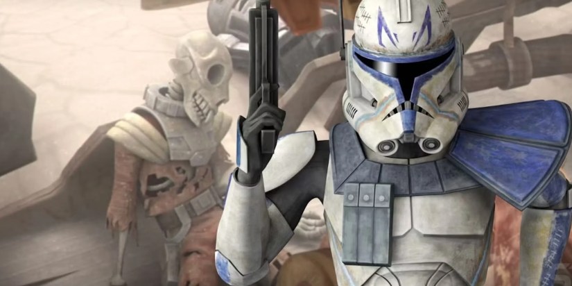 Captain Rex to the right holding up a blaster and a Lepi skeleton to the left both in The Clone Wars