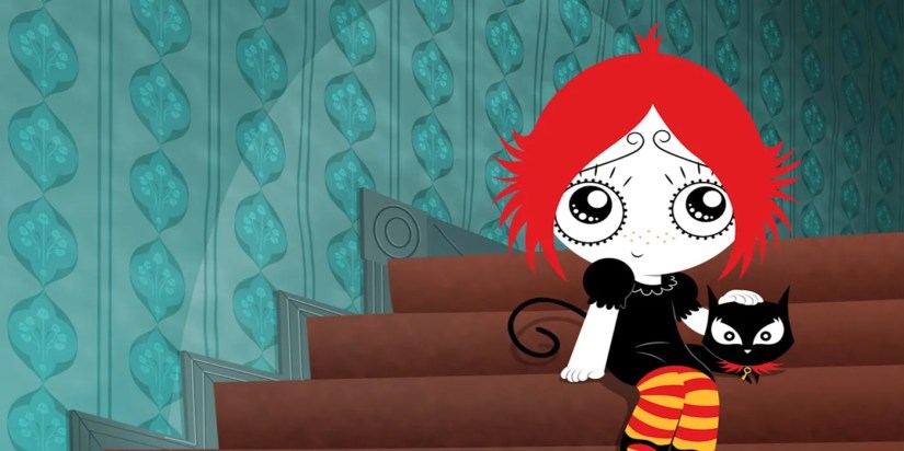 Ruby Gloom sitting on the steps with her cat