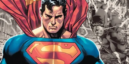 Superman stands solemnly with the Flashpoint cover art in the background