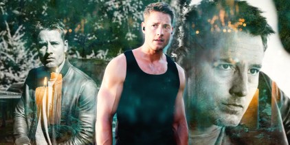 A cutout of Colter Shaw (Justin Hartley) in Tracker against a background of more Colter photos with some teal and orange textures.