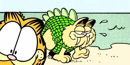 Garfield (left, foreground) peeks into frame, with the prehistoric