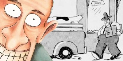 Far Side grinning man (left, color) and a farmer carrying a box to his truck, with a headless cow in back