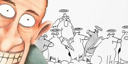 Far Side wide eyed man (left, color) with a character in