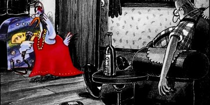 Far Side, a chicken in a red dress (color) while a farmer is passed out in a recliner (black &amp; white)