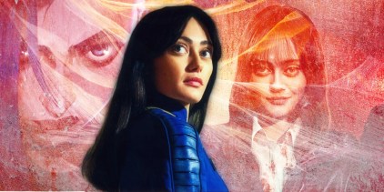 A cutout of Ella Purnell as Lucy MacLean in Fallout against a red textured background of Purnell’s other roles.