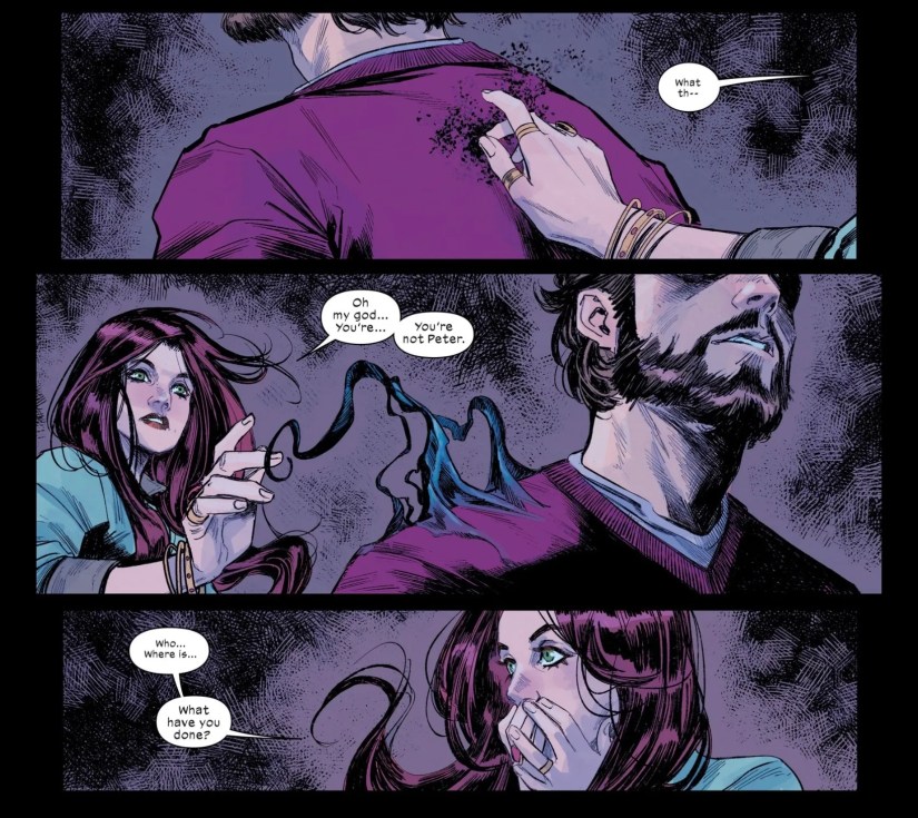 Ultimate Spider-Man #12 by Hickman and Checchetto - MJ finds out that Peter’s Venom-like suit is disguised as him