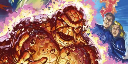One World Under Doom #2 Cover by Ben Harvey cropped - Reed and Sue watch in fear as The Thing is engulfed in energy