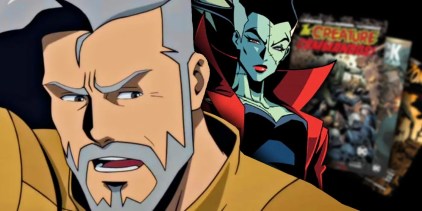 CREATURE COMMANDOS CHARACTERS WITH A PILE OF COMICS