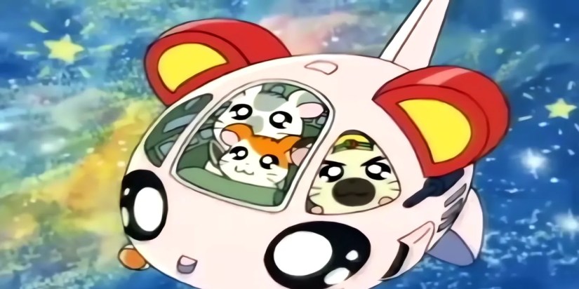 Hamtaro and his friends travel in a spaceship.