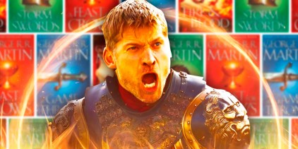 Jaime Lannister screaming in Game of Thrones with the Song of Ice and Fire books as the background