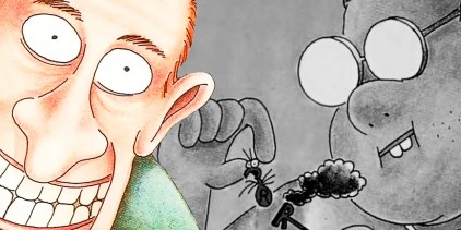 Far Side, grinning man (left, foreground, color) &amp; nerdy kid branding an ant (right, background, black &amp; white.)