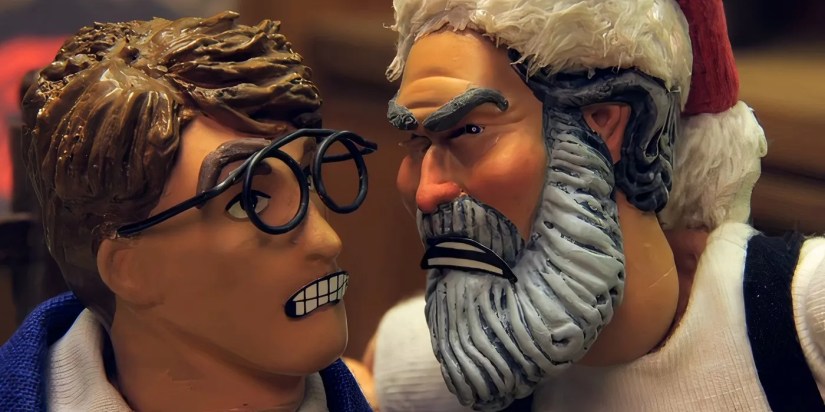 Santa shouting in a Coca-Cola employee&rsquo;s face in the Robot Chicken sketch Santa And Coke.