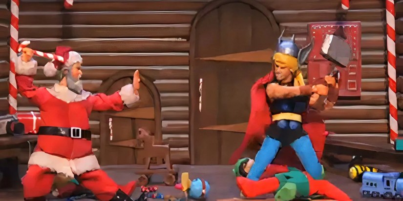 Thor and Santa fighting in the Robot Chicken sketch Christmas in Asgard.