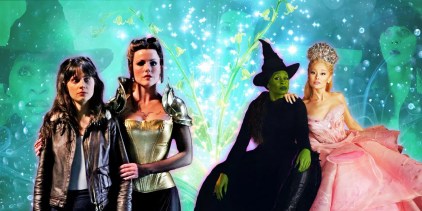 Cutouts of DG (Zooey Deschanel) & Azkadellia (Kathleen Robertson) in Tin Man vs. Elphaba (Cynthia Erivo) & Glinda (Ariana Grande) in Wicked against a blue-green sparkly background with faded images from Wicked and Tin Man.