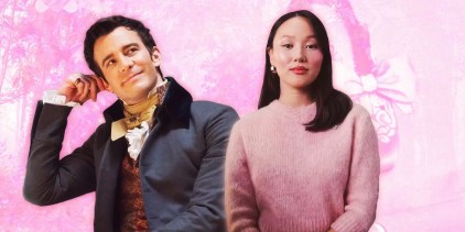 Cutouts of Benedict Bridgerton (Luke Thompson) & Sophie Baek (Yerin Ha) in Bridgerton against a pink textured background.