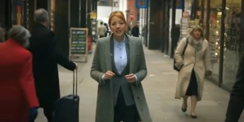 Diane Morgan as Philomena Cunk walking down the street in a segment from Charlie Brooker’s Weekly Wipe.