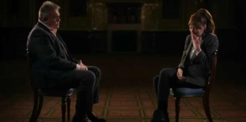 Diane Morgan as Philomena Cunk crying during an interview with Professor Jackson in Cunk on Earth.