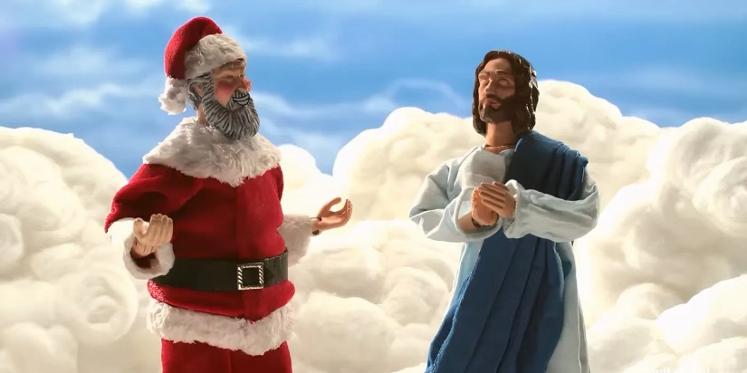 Jesus and Santa talking in heaven in the Robot Chicken sketch Unhappy Christmas.