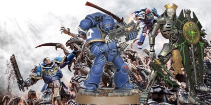 A Warhammer 40K mini standing in front of a horde of Tyranids