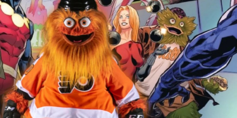 NHL Philadelphia Flyers mascot Gritty with his lookalike in All-New Venom #2 by Ewing and Gómez