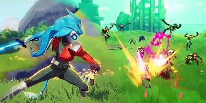 A close-up of a character from Hyper Light Breaker in a combat pose and several characters fighting several enemies.