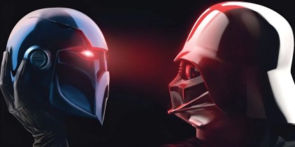 Momin&rsquo;s mask casts a red light on Darth Vader&rsquo;s helmet.