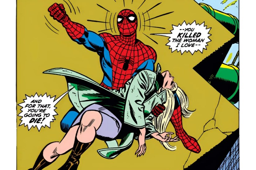 Gwen Stacy dies in Spider-Man’s arms.