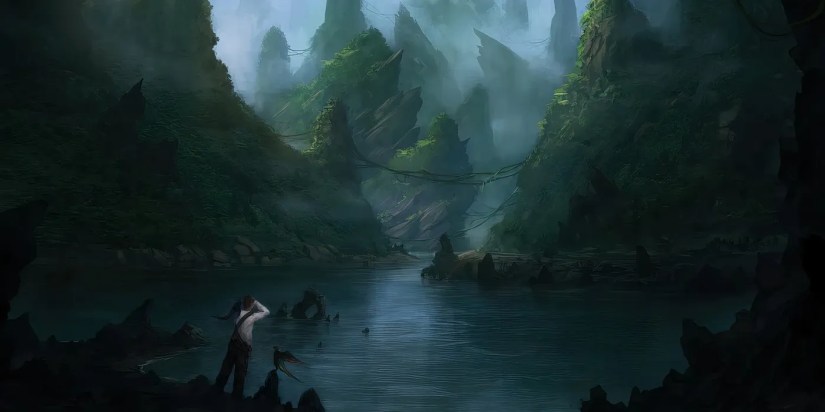 The cover of Brandon Sanderson&rsquo;s novella Sixth of the Dusk; a man stands with two birds on the edge of a rocky beach with jungle-covered mountains in the distance