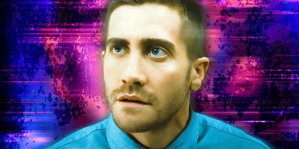 Jake Gyllenhaal as Colter Stevens from Source Code movie looking up on a blue and purple background