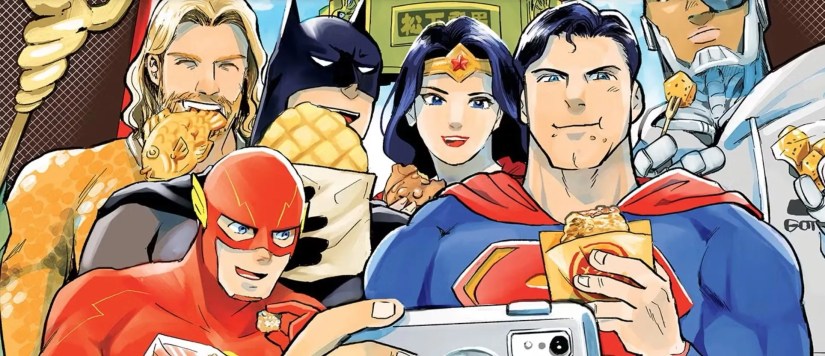 Comic book art: Superman takes a selfie with the Justice League eating food.