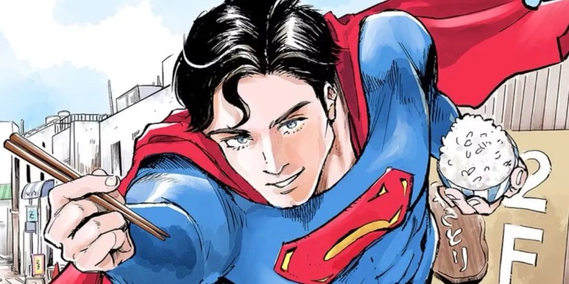 Comic book art: Superman flies while eating rice.