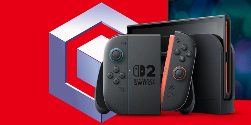 A Switch 2 console in front of a GameCube logo.
