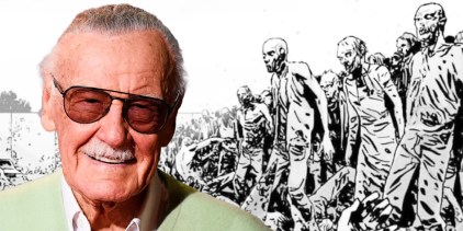 Stan Lee (foreground, color) with zombies from The Walking Dead in the background.