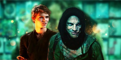 Cutouts of Once Upon a Time’s Peter Pan (Robbie Kay) & Twisted Childhood Universe’s Peter Pan (Martin Portlock) against a blurry photo from Peter Pan’s Neverland Nightmare with a golden sparkle texture.