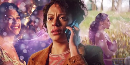 Various stills of Netflix&rsquo;s Missing You featuring Detective Inspector Kat Donovan, Josh Buchanan, &amp; Stacey Embalo blended together with purple sparkles.