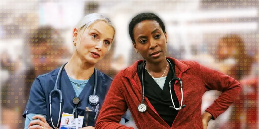 Cutouts of Dana Evans (Katherine LaNasa) &amp; Dr. Heather Collins (Tracy Ifeachor) in Max&rsquo;s The Pitt against a blurred background of The Pitt photos with a faint sparkle.